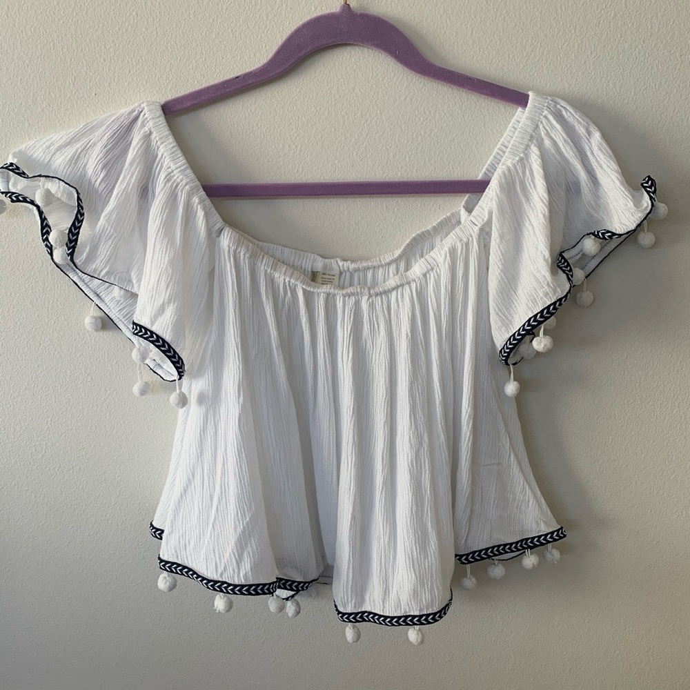 White Pom-Pom Off the Shoulder Top